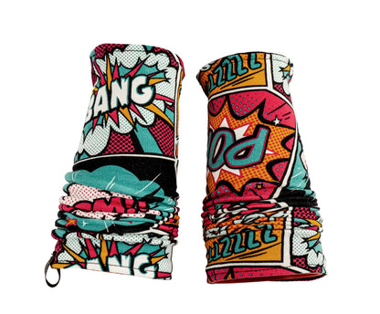 Wende Armstulpen eine Seite bunt andere Seite schwarz, comic anime Aufschrift pop splat bang, unisex Handarbeit für Kinder und Erwachsene