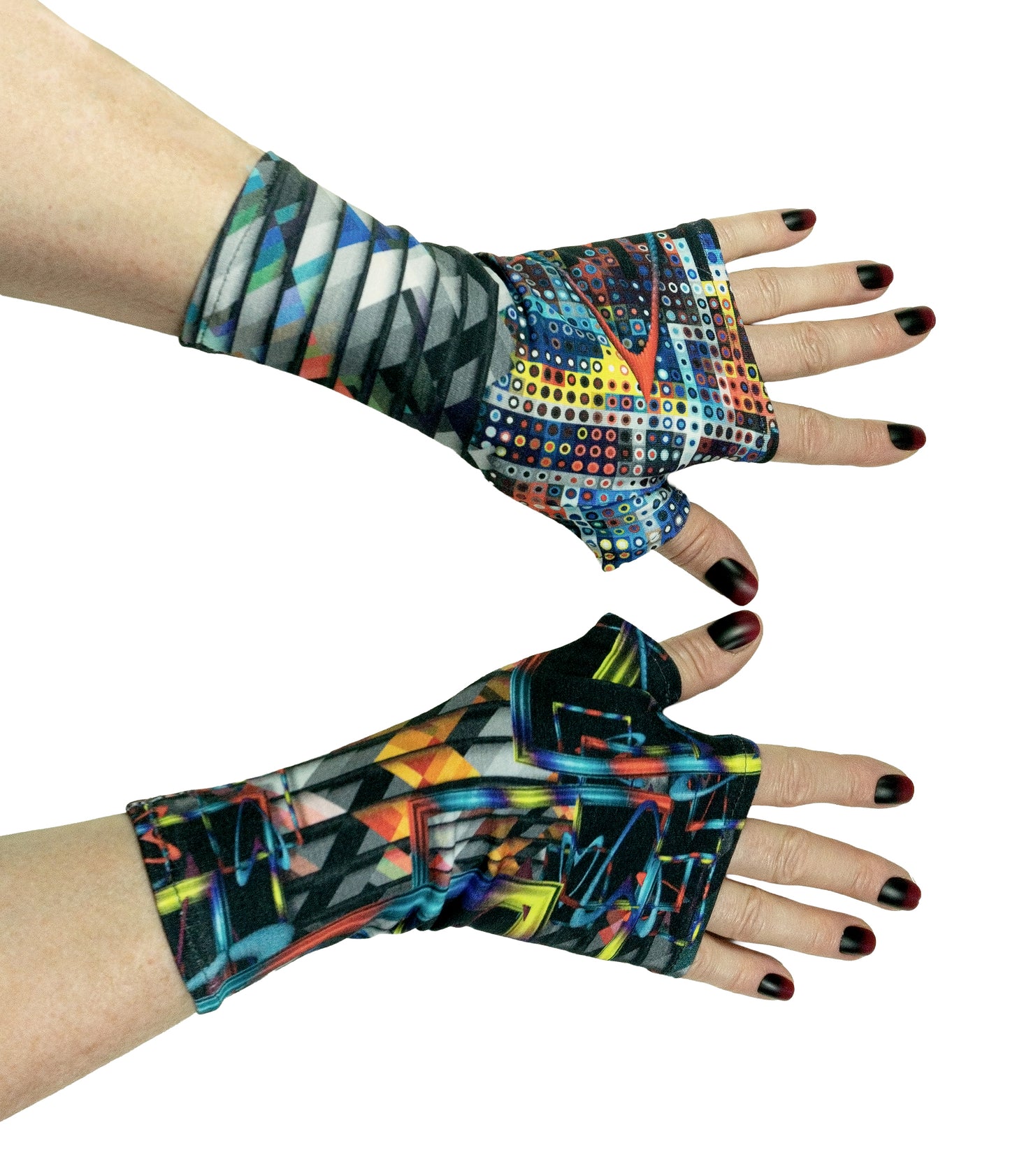 ein paar fingerlose Handschuhe aus Baumwolle, digital bedruckt mit abstrakten science fiction Motiv. Für harajuku, anime und streamer oder dark fantasy, manga fans. Kinder + Erwachsene, Maßanfertigung auf Bestellung