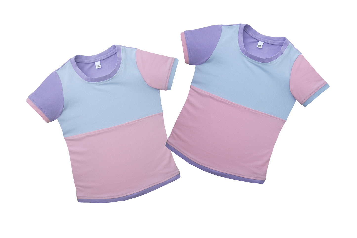 Schwestern Partnerlook Colorblock Shirt NIKITA Set kawaii pastell - 2 Kindershirts flieder hellblau rosa handgefertigt - Geschenk für Schwestern beste Freundinnen Kindergeburtstag