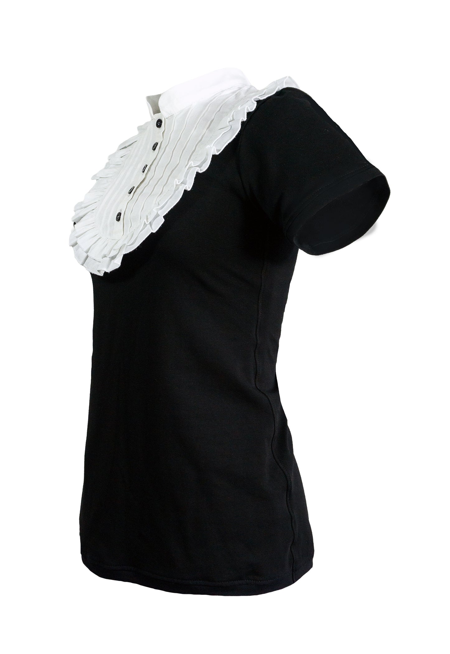 Seitenansicht Tenshi Shirt mit Plastron Einsatz, Rüschen Umrandung, Stehkragen, echte Knopfleiste, Kurzarm, schwarz gothic mermaid