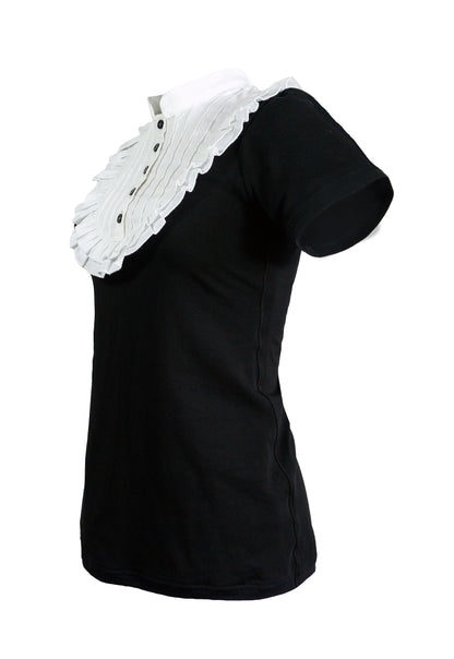 Seitenansicht Tenshi Shirt mit Plastron Einsatz, Rüschen Umrandung, Stehkragen, echte Knopfleiste, Kurzarm, schwarz gothic mermaid