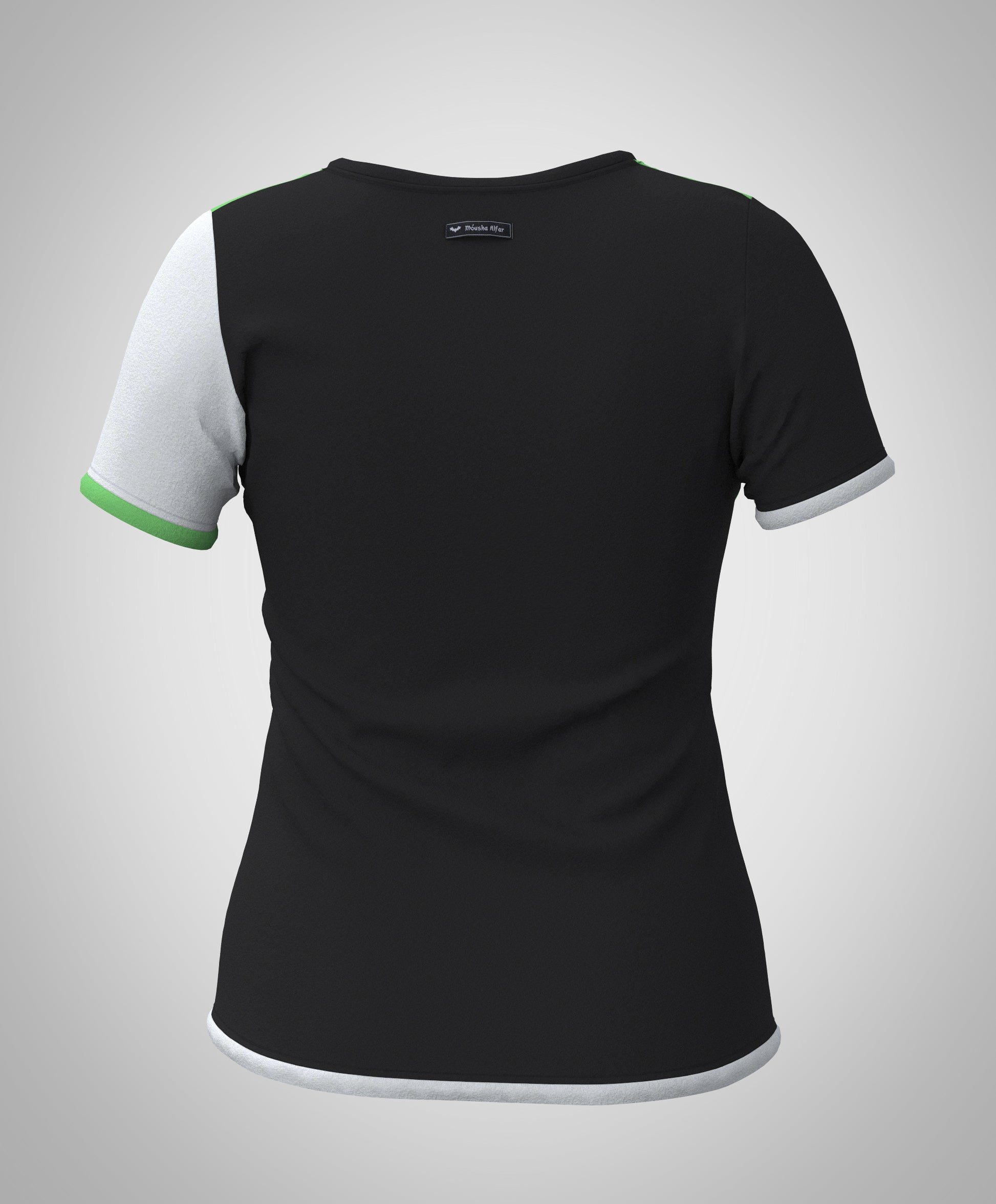 Mouska Alfar Farbblock T-Shirt mit Paspeln umrandet, Kurzarm, Rundhals, verschiedene Farbkombinationen innerhalb der colorblöcke in apfel grün schwarz weiß, hochwertig, robust, farbecht, aus Baumwoll Jersey, casual style - abgebildet hier Variation eins, Rückenansicht: Ärmel weiß und schwarz, Paspeln schwarz, Hinterteil schwarz. Größen 34 bis 46 Damen