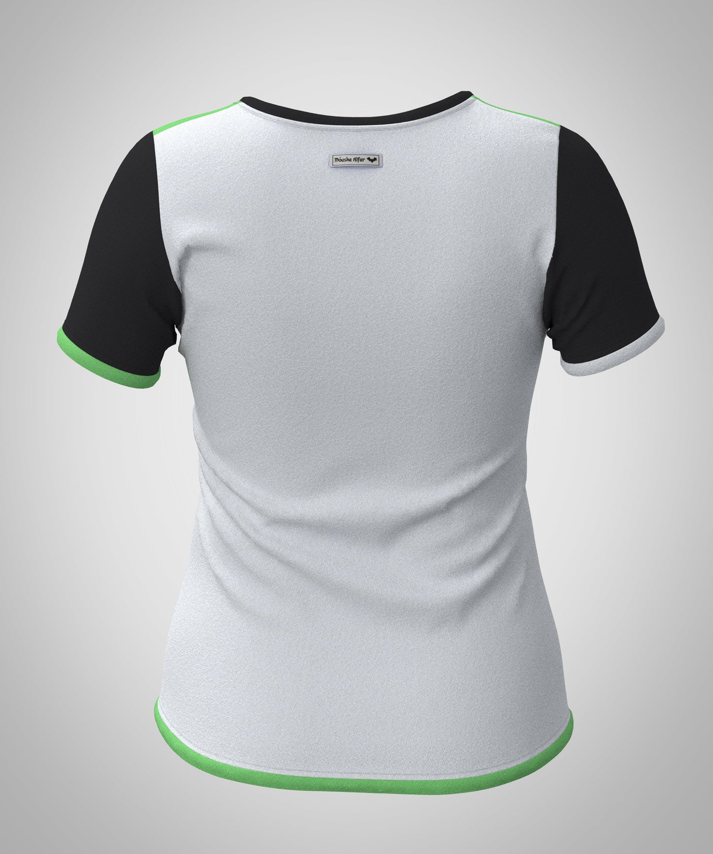 Mouska Alfar Farbblock T-Shirt mit Paspeln umrandet, Kurzarm, Rundhals, verschiedene Farbkombinationen innerhalb der colorblöcke in apfel grün schwarz weiß, hochwertig, robust, farbecht, aus Baumwoll Jersey, casual style - abgebildet hier Variation drei, Rueckansicht: Ärmel schwarz, Paspeln weiss und grün, hinten weiss. Größen 34 bis 46 Damen