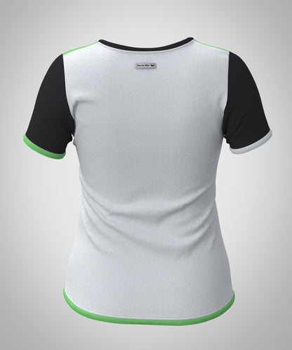 Mouska Alfar Farbblock T-Shirt mit Paspeln umrandet, Kurzarm, Rundhals, verschiedene Farbkombinationen innerhalb der colorblöcke in apfel grün schwarz weiß, hochwertig, robust, farbecht, aus Baumwoll Jersey, casual style - abgebildet hier Variation drei, Rueckansicht: Ärmel schwarz, Paspeln weiss und grün, hinten weiss. Größen 34 bis 46 Damen