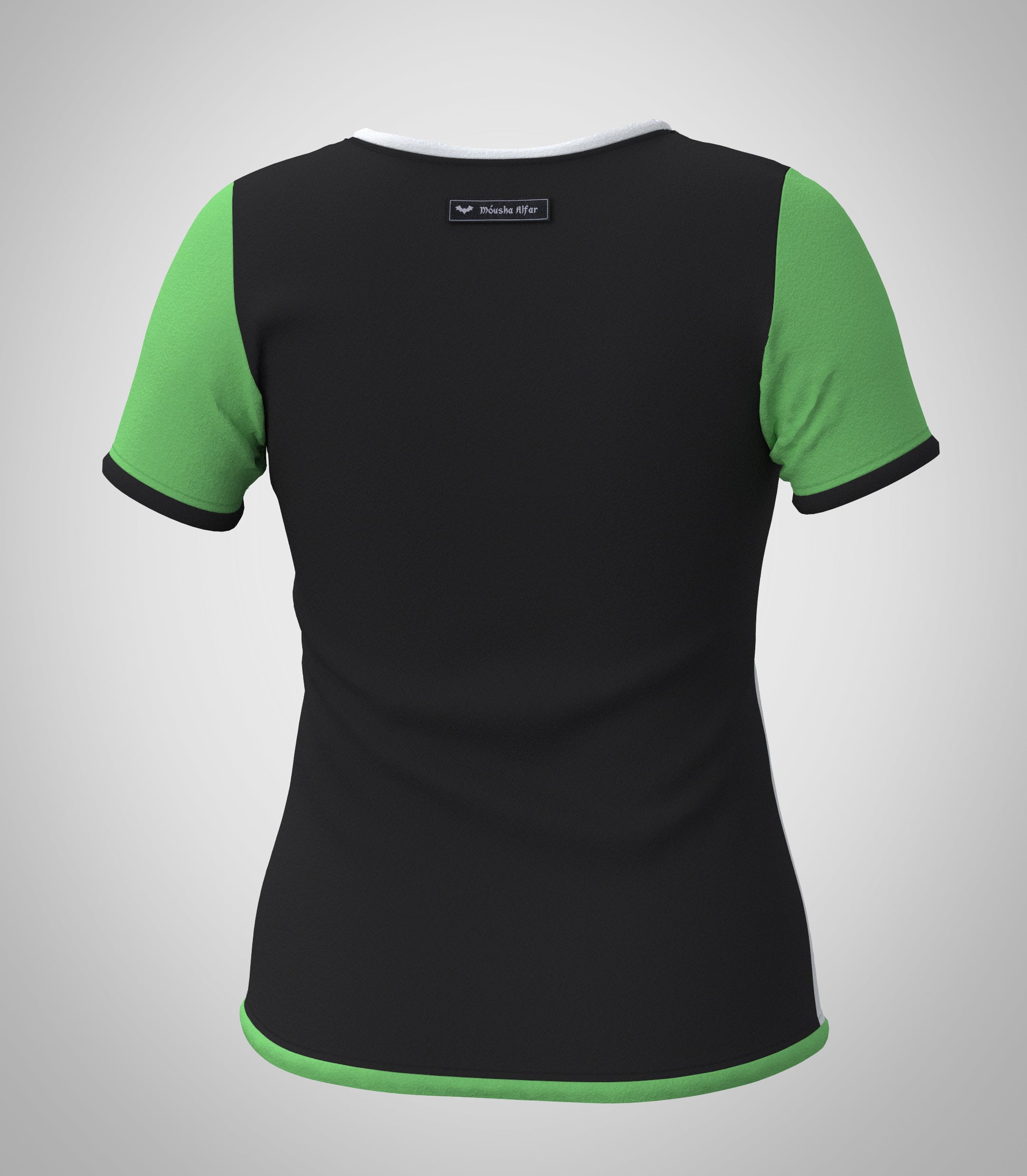 Mouska Alfar Farbblock T-Shirt mit Paspeln umrandet, Kurzarm, Rundhals, verschiedene Farbkombinationen innerhalb der colorblöcke in apfel grün schwarz weiß, hochwertig, robust, farbecht, aus Baumwoll Jersey, casual style - abgebildet hier Variation vier, Rückenansicht: hinten schwarz, Ärmel apfelgrün, Paspeln schwarz, grün und weiß. Größen 34 bis 46 Damen. Handarbeit, slow fashion