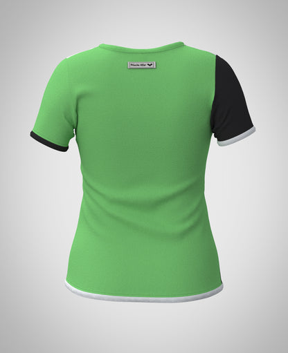 Mouska Alfar Farbblock T-Shirt mit Paspeln umrandet, Kurzarm, Rundhals, verschiedene Farbkombinationen innerhalb der colorblöcke in apfel grün schwarz weiß, hochwertig, robust, farbecht, aus Baumwoll Jersey, casual style - abgebildet hier Variation fünf, Rückansicht: Hinten apfelgrün, Ärmel schwarz und grün, Paspeln schwarz, weiss und grün. Größen 34 bis 46 Damen. Handarbeit aus Deutschland