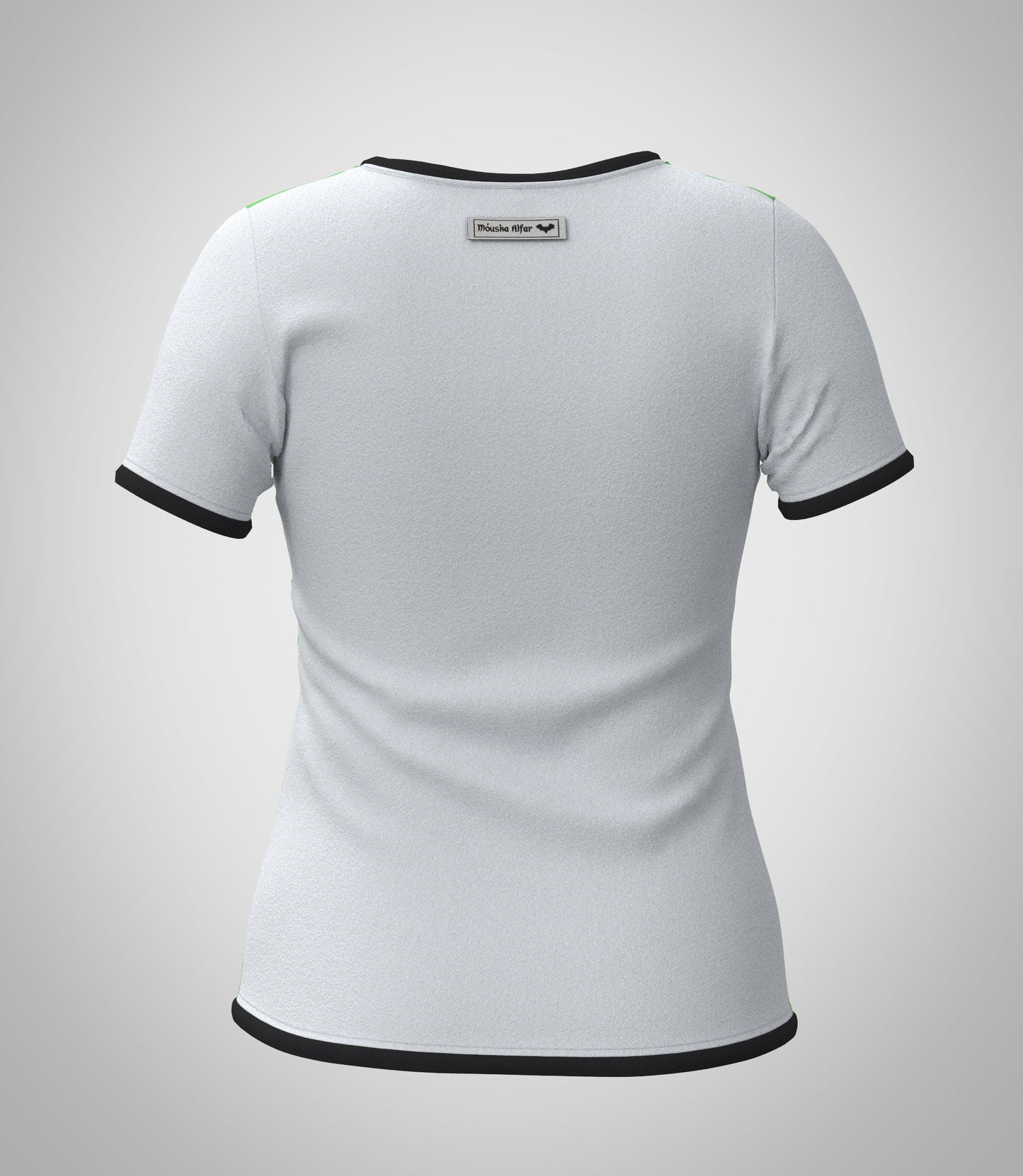 Mouska Alfar Farbblock T-Shirt mit Paspeln umrandet, Kurzarm, Rundhals, verschiedene Farbkombinationen innerhalb der colorblöcke in apfel grün schwarz weiß, hochwertig, robust, farbecht, aus Baumwoll Jersey, casual style - abgebildet hier Variation sechs, Ruecken Ansicht: Rücken weiss, Ärmel weiß, Paspeln schwarz. Größen 34 bis 46 Damen. Handarbeit aus Deutschland