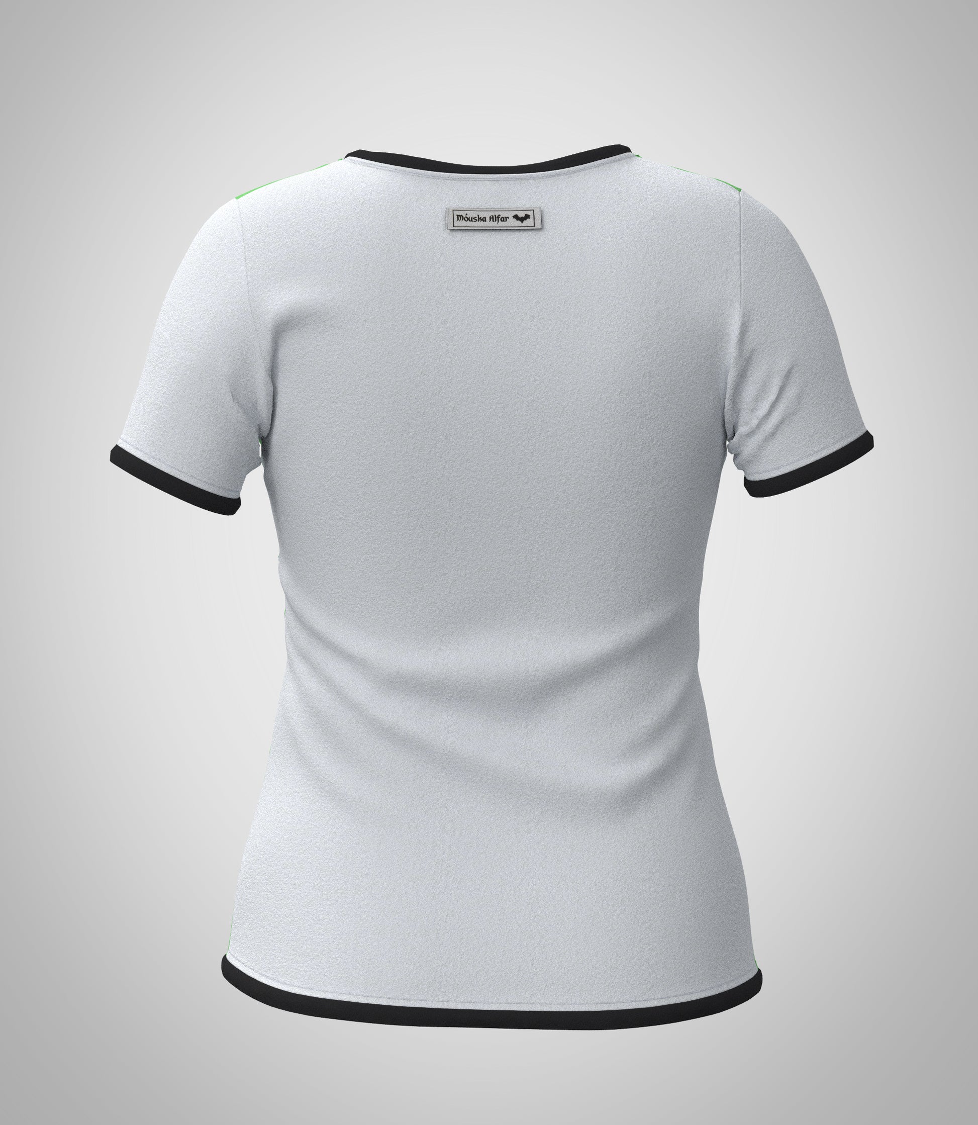 Mouska Alfar Farbblock T-Shirt mit Paspeln umrandet, Kurzarm, Rundhals, verschiedene Farbkombinationen innerhalb der colorblöcke in apfel grün schwarz weiß, hochwertig, robust, farbecht, aus Baumwoll Jersey, casual style - abgebildet hier Variation sechs, Ruecken Ansicht: Rücken weiss, Ärmel weiß, Paspeln schwarz. Größen 34 bis 46 Damen. Handarbeit aus Deutschland