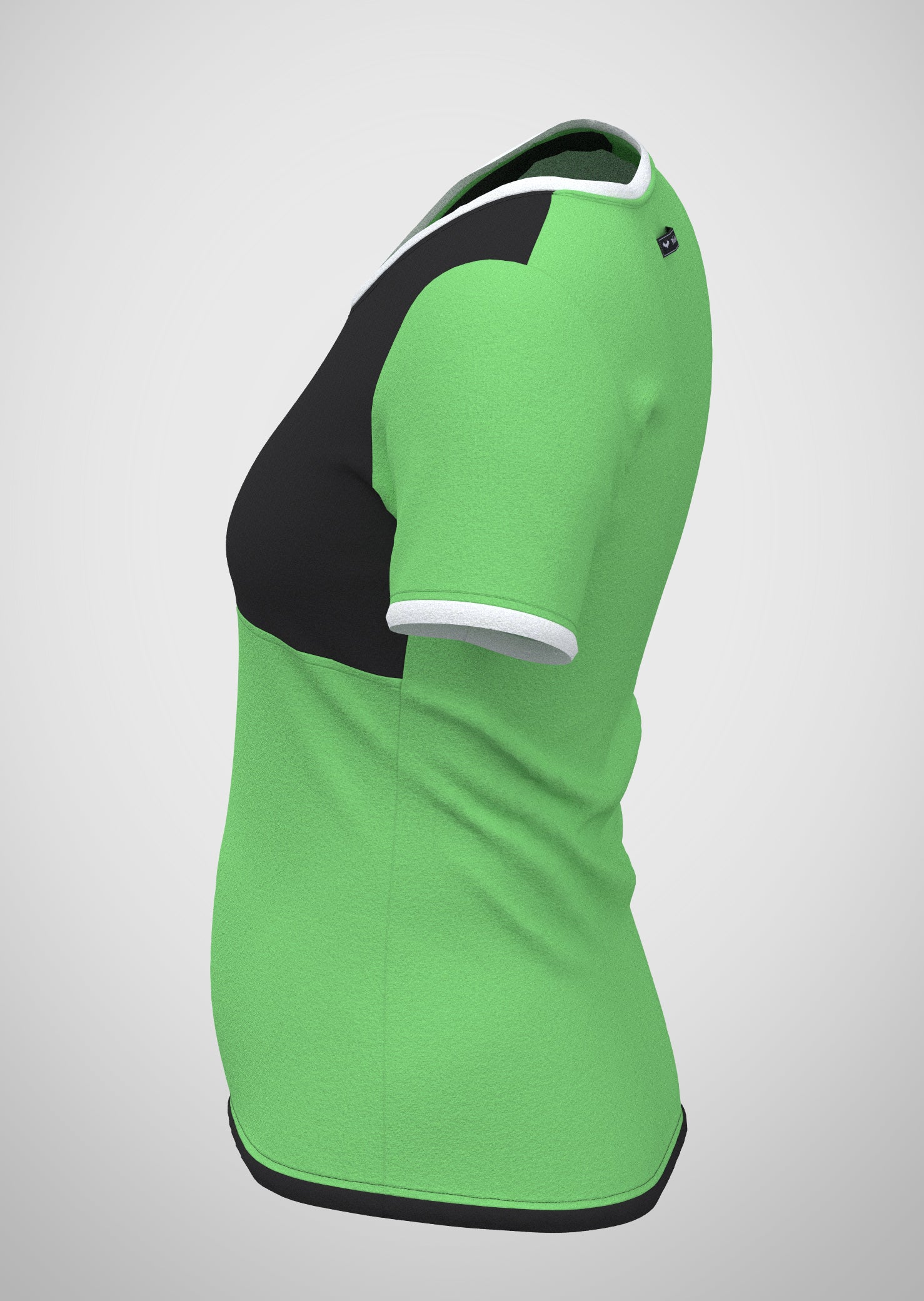 Mouska Alfar Farbblock T-Shirt mit Paspeln umrandet, Kurzarm, Rundhals, verschiedene Farbkombinationen innerhalb der colorblöcke in apfel grün schwarz weiß, hochwertig, robust, farbecht, aus Baumwoll Jersey, casual style - abgebildet hier Variation zwei, Seitenansicht: Vorderteil Passe in schwarz, unterer Teil grün, Ärmel weiß und grün, Paspeln schwarz, weiss und grün. Größen 34 bis 46 Damen