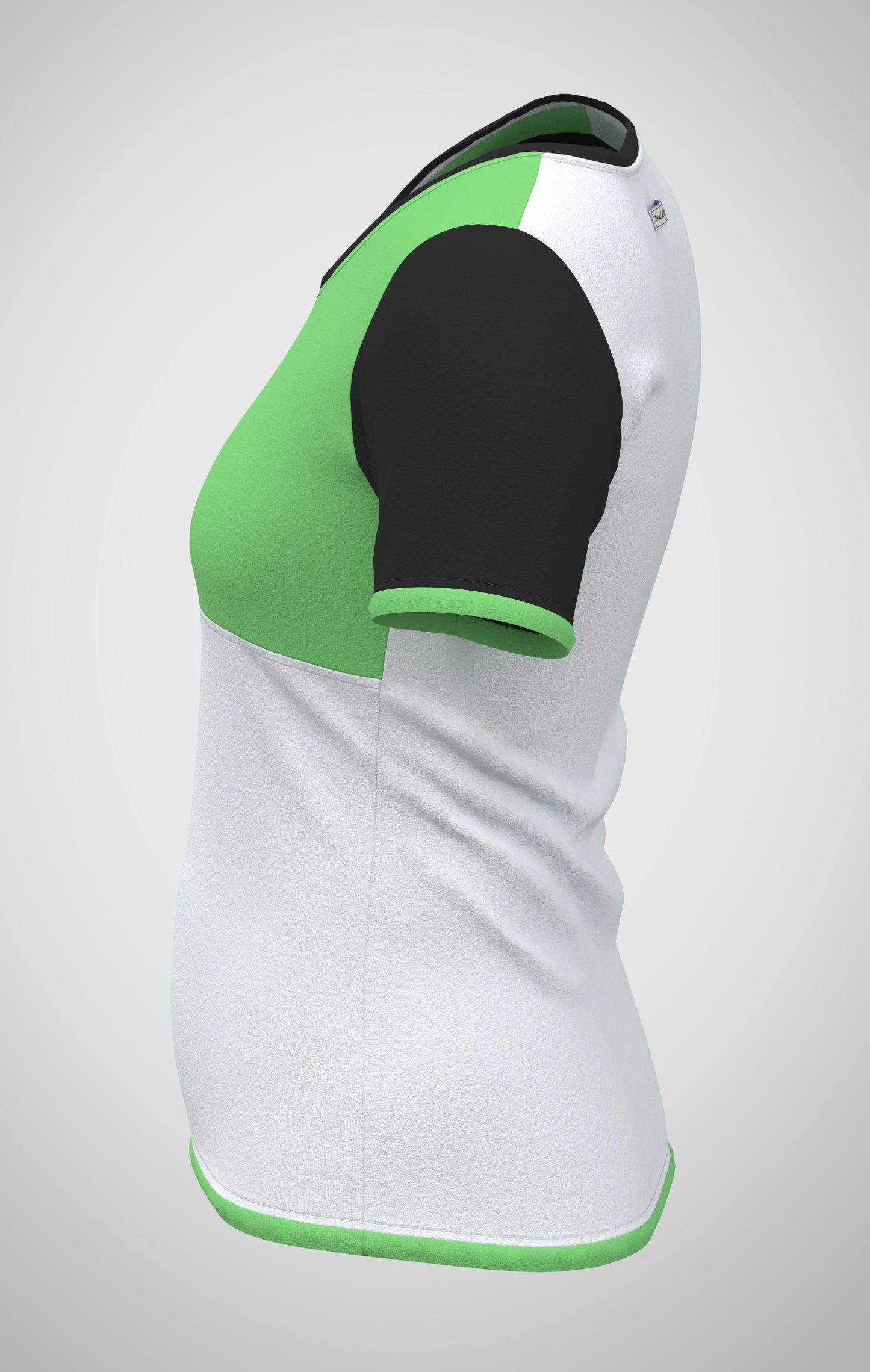 Mouska Alfar Farbblock T-Shirt mit Paspeln umrandet, Kurzarm, Rundhals, verschiedene Farbkombinationen innerhalb der colorblöcke in apfel grün schwarz weiß, hochwertig, robust, farbecht, aus Baumwoll Jersey, casual style - abgebildet hier Variation drei, Seitenansicht: Vorderteil Passe in grün, unterer Teil weiss, Ärmel schwarz, Paspeln weiss und grün, Rückenteil weiß. Größen 34 bis 46 Damen