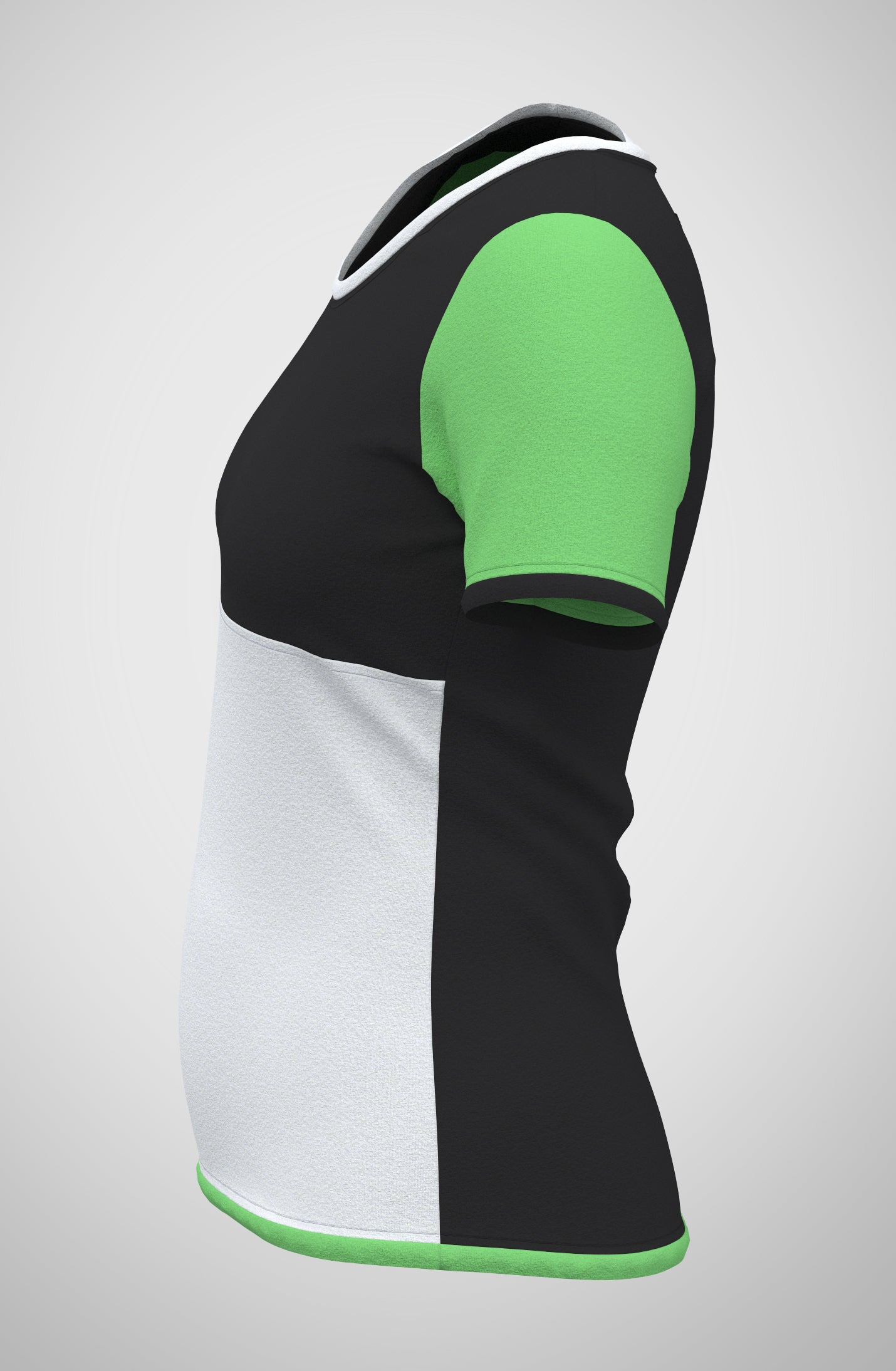 Mouska Alfar Farbblock T-Shirt mit Paspeln umrandet, Kurzarm, Rundhals, verschiedene Farbkombinationen innerhalb der colorblöcke in apfel grün schwarz weiß, hochwertig, robust, farbecht, aus Baumwoll Jersey, casual style - abgebildet hier Variation vier, Seitenansicht: Vorderteil Passe in schwarz, unterer Teil weiß, Ärmel apfelgrün, Paspeln schwarz, grün und weiß, Rücken schwarz. Größen 34 bis 46 Damen. Handarbeit, slow fashion