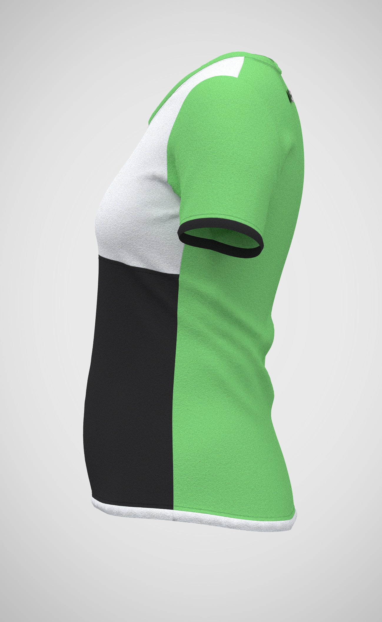 Mouska Alfar Farbblock T-Shirt mit Paspeln umrandet, Kurzarm, Rundhals, verschiedene Farbkombinationen innerhalb der colorblöcke in apfel grün schwarz weiß, hochwertig, robust, farbecht, aus Baumwoll Jersey, casual style - abgebildet hier Variation fünf, Seitenansicht: Vorderteil Passe in weiss, unterer Teil schwarz, Ärmel schwarz und grün, Paspeln schwarz, weiss und grün, Rücken apfelgrün. Größen 34 bis 46 Damen. Handarbeit aus Deutschland