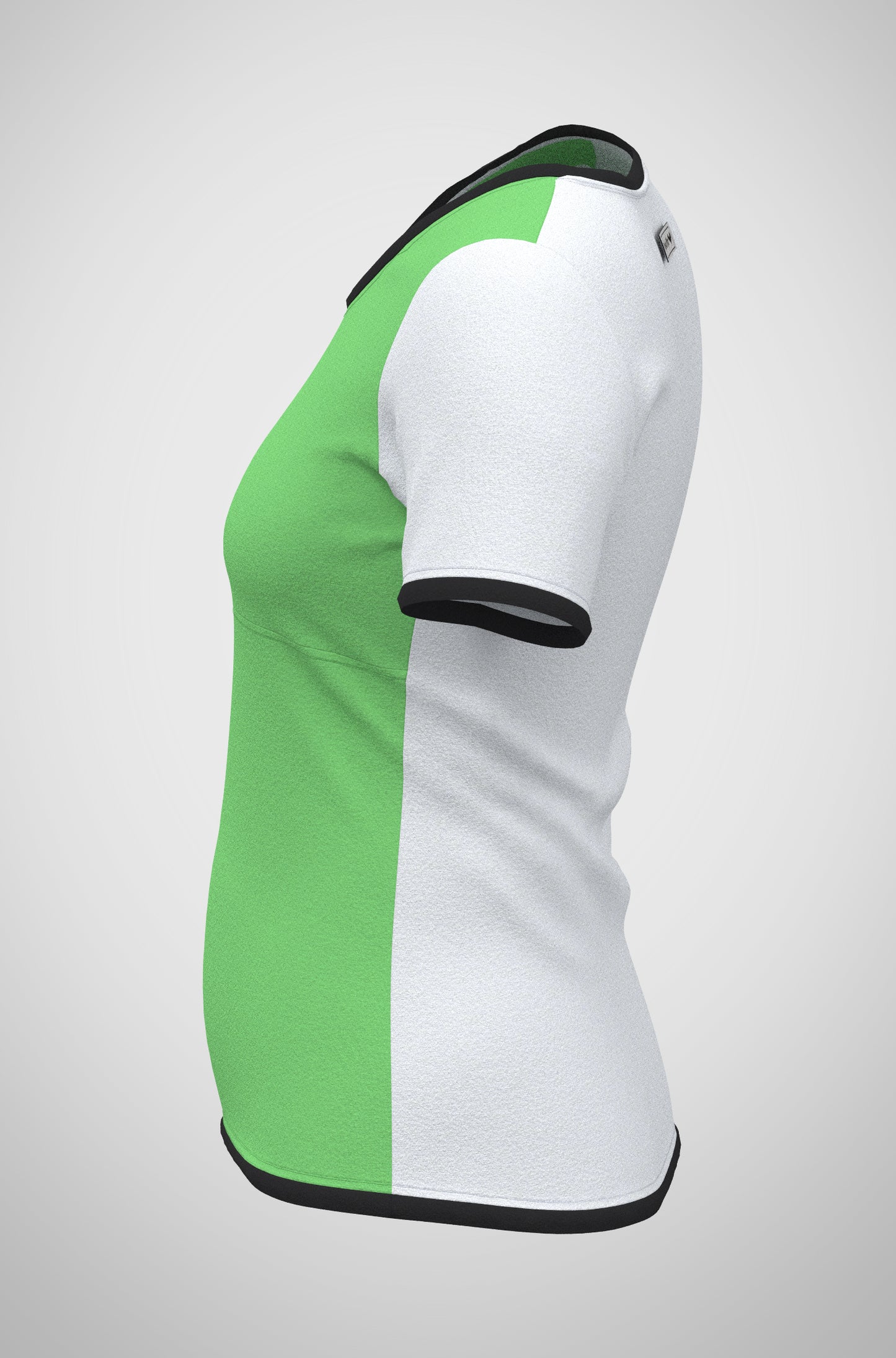 Mouska Alfar Farbblock T-Shirt mit Paspeln umrandet, Kurzarm, Rundhals, verschiedene Farbkombinationen innerhalb der colorblöcke in apfel grün schwarz weiß, hochwertig, robust, farbecht, aus Baumwoll Jersey, casual style - abgebildet hier Variation sechs, Seitenansicht: Vorne Passe und unterer colorblock apfelgrün, Ärmel weiß, Paspeln schwarz. Rücken weiss. Größen 34 bis 46 Damen. Handarbeit aus Deutschland
