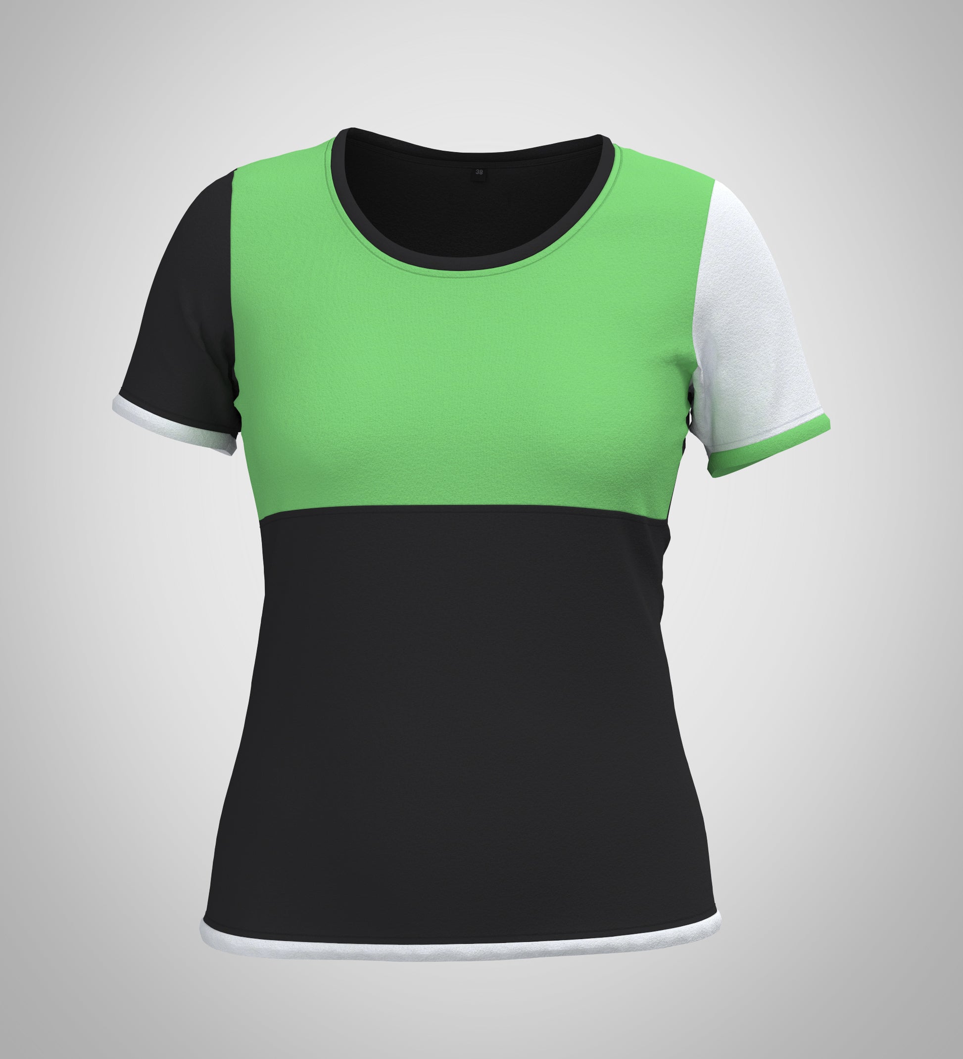 Mouska Alfar Farbblock T-Shirt mit Paspeln umrandet, Kurzarm, Rundhals, verschiedene Farbkombinationen innerhalb der colorblöcke in apfel grün schwarz weiß, hochwertig, robust, farbecht, aus Baumwoll Jersey, casual style - abgebildet hier Variation eins, Vorderansicht: Vorderteil Passe in grün, unterer Teil schwarz, Ärmel weiß und schwarz, Paspeln schwarz. Größen 34 bis 46 Damen
