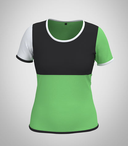 Mouska Alfar Farbblock T-Shirt mit Paspeln umrandet, Kurzarm, Rundhals, verschiedene Farbkombinationen innerhalb der colorblöcke in apfel grün schwarz weiß, hochwertig, robust, farbecht, aus Baumwoll Jersey, casual style - abgebildet hier Variation zwei, Vorderansicht: Vorderteil Passe in schwarz, unterer Teil grün, Ärmel weiß und grün, Paspeln schwarz, weiss und grün. Größen 34 bis 46 Damen