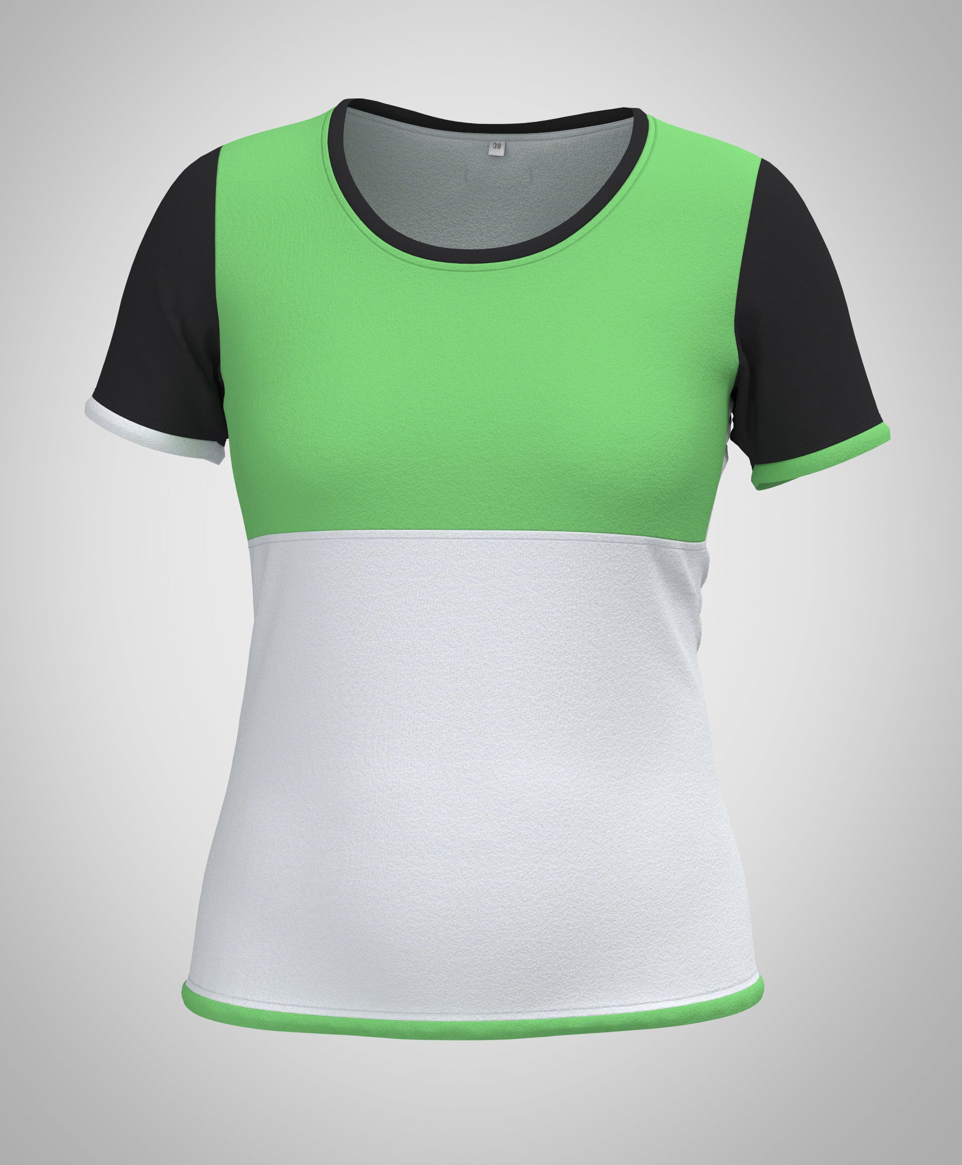 Mouska Alfar Farbblock T-Shirt mit Paspeln umrandet, Kurzarm, Rundhals, verschiedene Farbkombinationen innerhalb der colorblöcke in apfel grün schwarz weiß, hochwertig, robust, farbecht, aus Baumwoll Jersey, casual style - abgebildet hier Variation drei, Vorderansicht: Vorderteil Passe in grün, unterer Teil weiss, Ärmel schwarz, Paspeln weiss und grün. Größen 34 bis 46 Damen