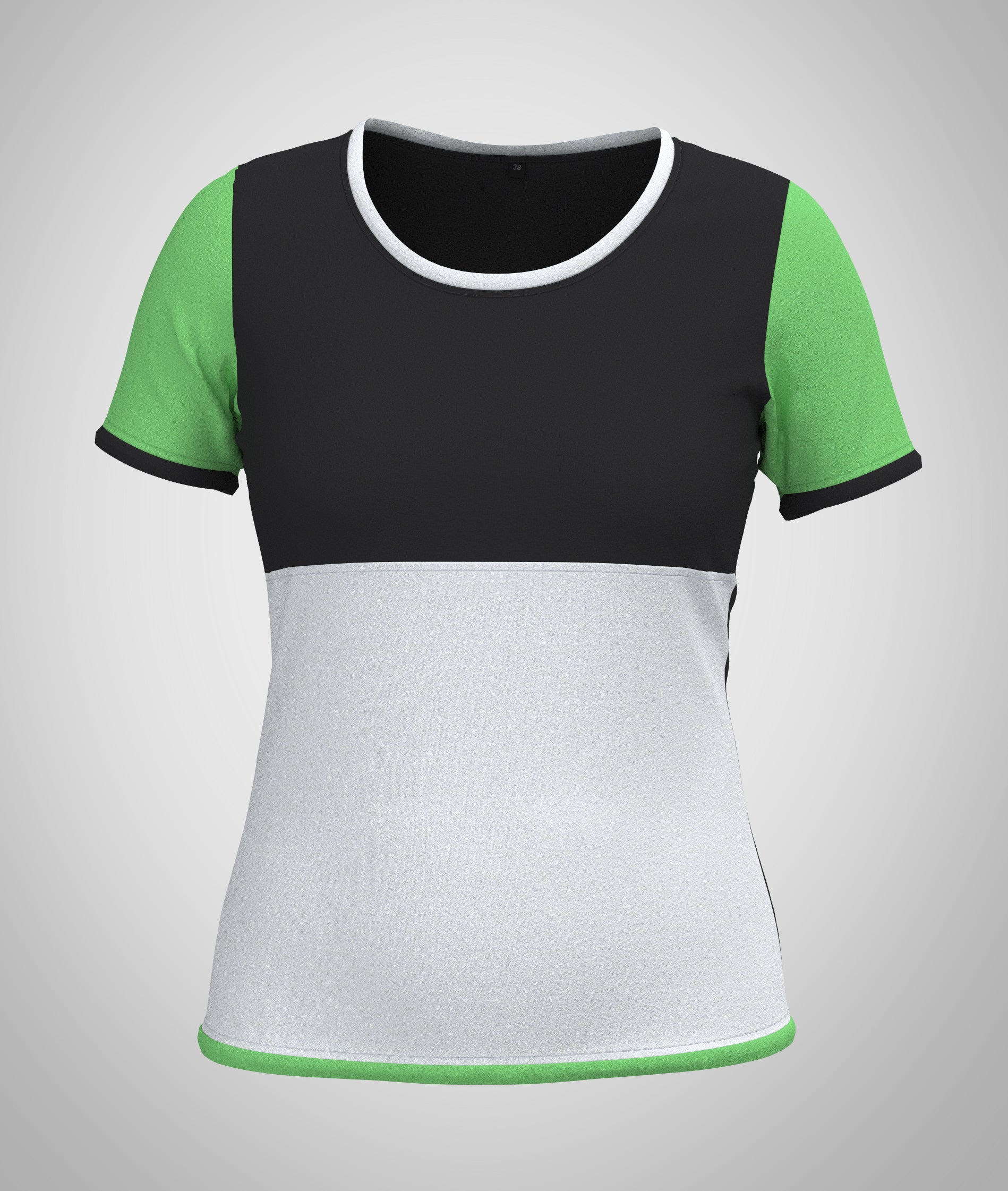 Mouska Alfar Farbblock T-Shirt mit Paspeln umrandet, Kurzarm, Rundhals, verschiedene Farbkombinationen innerhalb der colorblöcke in apfel grün schwarz weiß, hochwertig, robust, farbecht, aus Baumwoll Jersey, casual style - abgebildet hier Variation vier, Vorderansicht: Vorderteil Passe in schwarz, unterer Teil weiß, Ärmel apfelgrün, Paspeln schwarz, grün und weiß. Größen 34 bis 46 Damen
