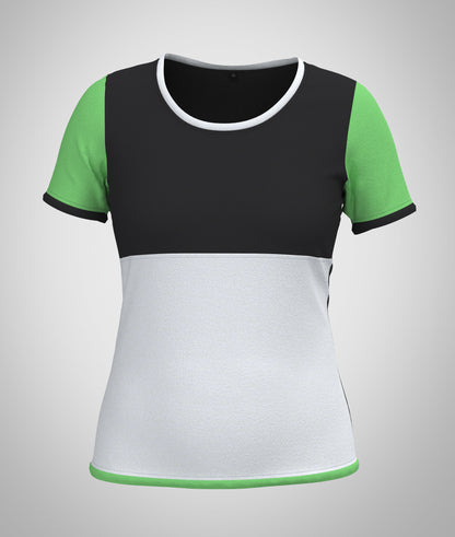 Mouska Alfar Farbblock T-Shirt mit Paspeln umrandet, Kurzarm, Rundhals, verschiedene Farbkombinationen innerhalb der colorblöcke in apfel grün schwarz weiß, hochwertig, robust, farbecht, aus Baumwoll Jersey, casual style - abgebildet hier Variation vier, Vorderansicht: Vorderteil Passe in schwarz, unterer Teil weiß, Ärmel apfelgrün, Paspeln schwarz, grün und weiß. Größen 34 bis 46 Damen