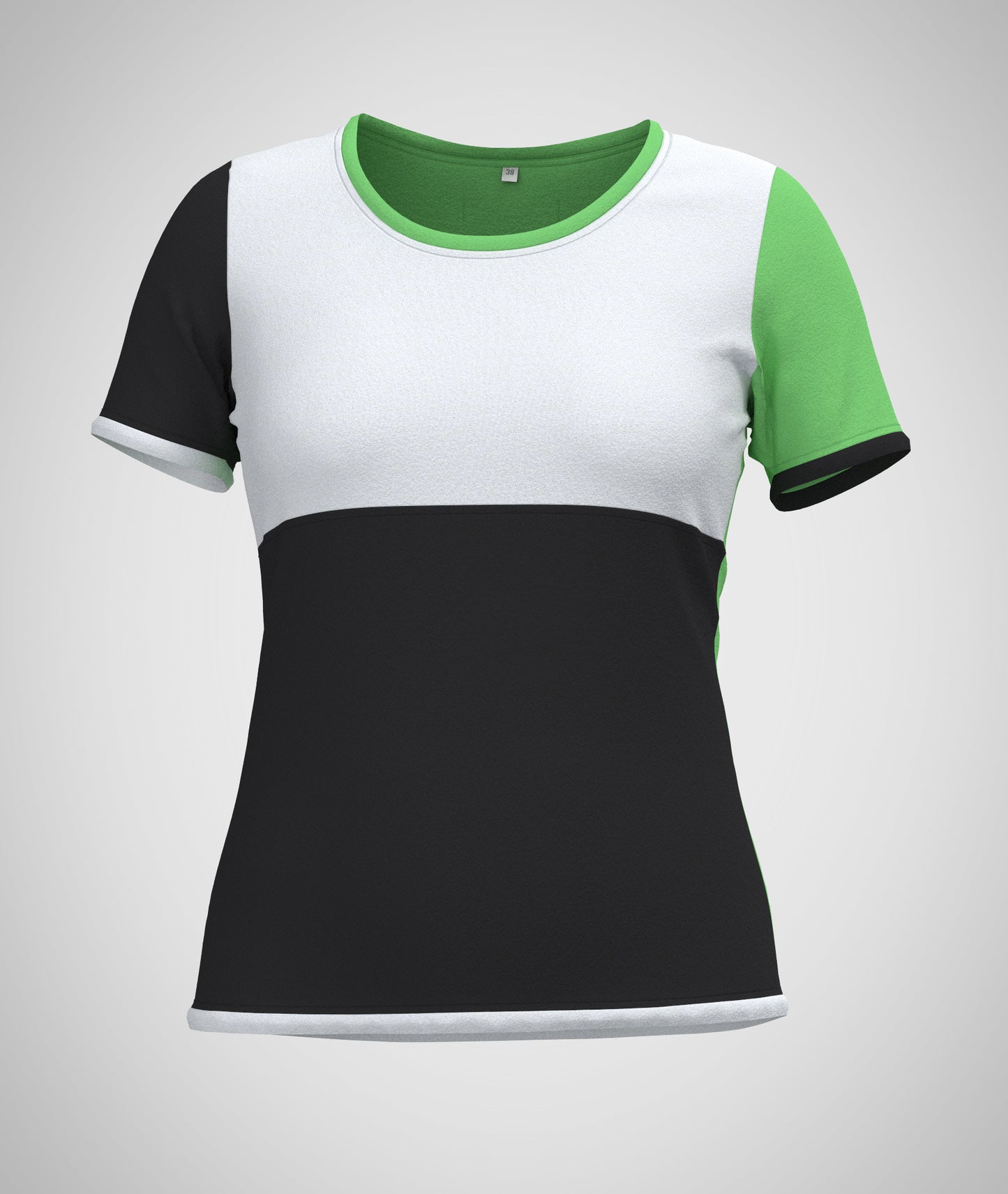 Mouska Alfar Farbblock T-Shirt mit Paspeln umrandet, Kurzarm, Rundhals, verschiedene Farbkombinationen innerhalb der colorblöcke in apfel grün schwarz weiß, hochwertig, robust, farbecht, aus Baumwoll Jersey, casual style - abgebildet hier Variation fünf, Vorderansicht: Vorderteil Passe in weiss, unterer Teil schwarz, Ärmel schwarz und grün, Paspeln schwarz, weiss und grün. Größen 34 bis 46 Damen. Handarbeit aus Deutschland
