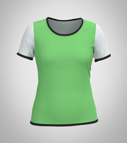 Mouska Alfar Farbblock T-Shirt mit Paspeln umrandet, Kurzarm, Rundhals, verschiedene Farbkombinationen innerhalb der colorblöcke in apfel grün schwarz weiß, hochwertig, robust, farbecht, aus Baumwoll Jersey, casual style - abgebildet hier Variation sechs, Vorderansicht: apfelgrün Passe und unterer colorblock, Ärmel weiß, Paspeln schwarz. Größen 34 bis 46 Damen. Handarbeit aus Deutschland