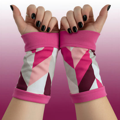 Soft jersey wrist warmers, SUPER COMFORTABLE #MUSTHAVE, brightly patterned, lined, lining color selectable, with bow