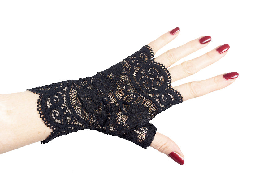 Handschuh einzeln abgebildet, eine Hand, aus wundeschöner gothic Netzspitze, voluminös und sehr edel, hervorragende Qualität, hochwertig, aus deutscher Produktion, tief schwarz, geblümt, mit kleiner Bogenkante und Daumen zum Reinschlüpfen, ein rechter und ein linker Handschuh