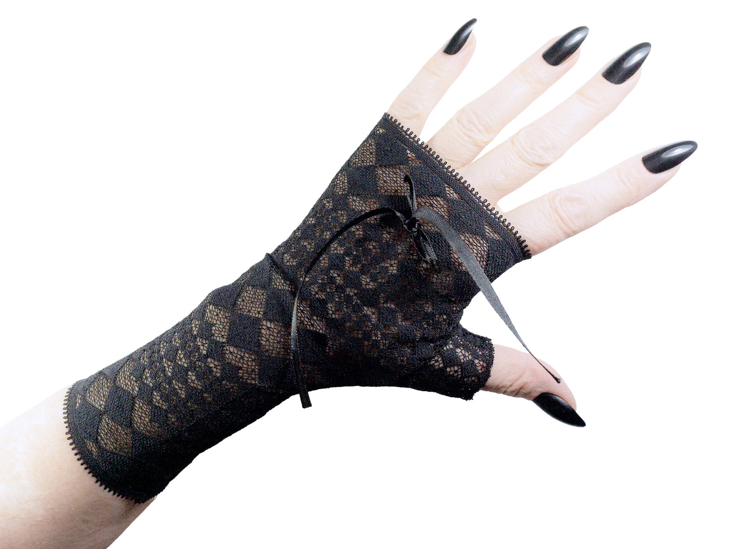 Detail geometrische Rauten Spitze schwarze Handschuhe fingerlos Neuware Mouska Alfar