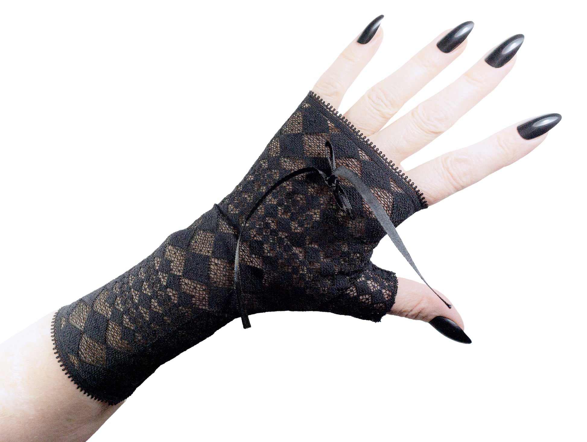 Detail geometrische Rauten Spitze schwarze Handschuhe fingerlos Neuware Mouska Alfar