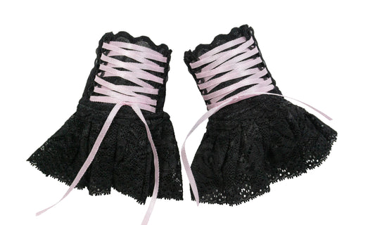 ein Paar kleine Stulpen, Manschetten mit Zier Schnürung, schwarz rosa, als synthetischen Spitzen Materialien, 12,5 cm lang, für sweet lolita, gothic, punk und sonstige subkulturen als auch theater, verkleidung, kostüme, harajuku und japanische outfits