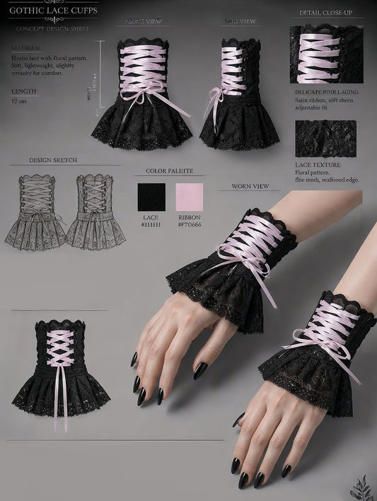 Abbildung ist ein game-concept mit verschiedenen Möglichkeiten der Anwendung und Machart für das Produkt: schwarze Gothic Lolita Stulpen mit Zierschnürung in rosa. Manschettenteil und in Falten gelegtes Röckchen miteinander genäht. Auf dem Concept finden sich auch ein paar Skizzen und Rohstoffe aus denen diese Pulswärmer angefertigt werden.