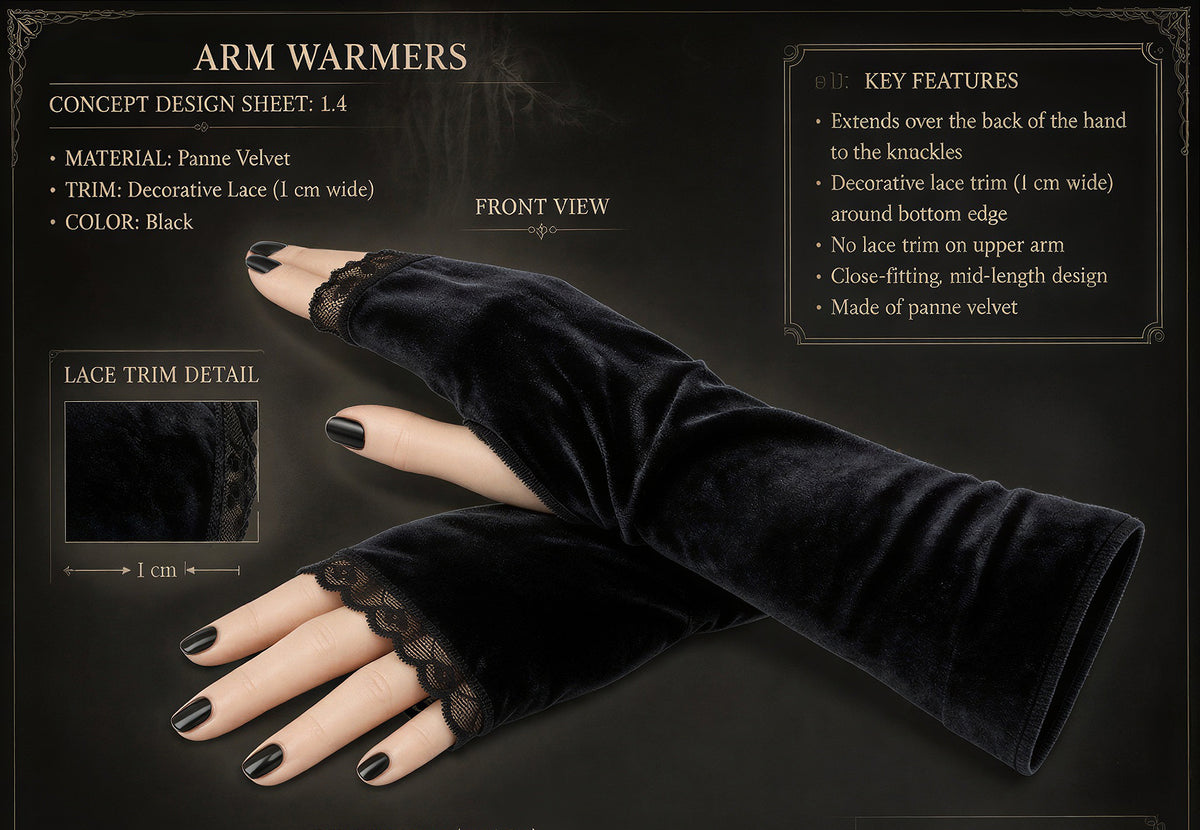 Spiele Konzept gaming im gothic ambiente Stil, abgebildet sind ein Paar schwarze Armwaermer, Stulpen, Handstulpen aus Pannesamt mit Spitze verziert.