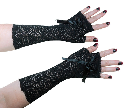 Armstulpen schwarz gruftig, mit Schleife verziert, 27 cm lang, für alle darkstyles und gothic outfits und events