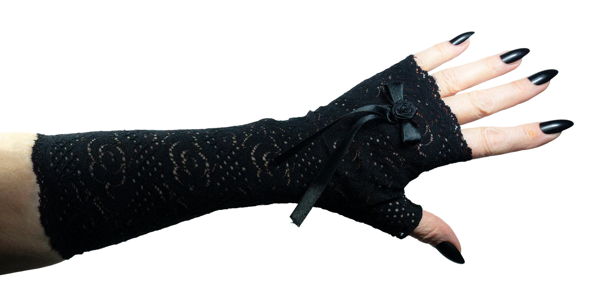 Einzelansicht eines langen Handschuhs ohne Finger, gothic grufti darkwave, tief schwarz, elegant
