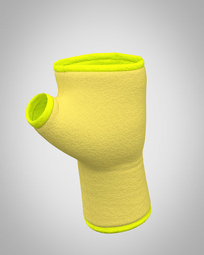Ein einzelner sonnengelber Handschuh mit neon gelber Einfassung um die Öffnung und das Daumenloch. Der Handschuh besteht aus Jersey und ist für die Hand konzipiert.