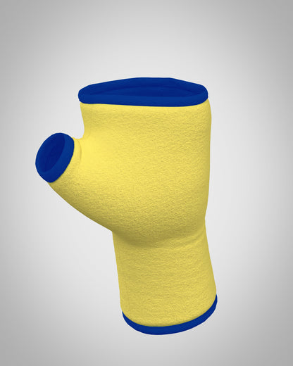 ein Handschuh ohne Finger als eigenes Modell aufgestellt fotografiert. Farbe sonniges Gelb mit royalblauem Futter, welches paspelliert an allen Säumen um den Handschuh herum zu sehen ist. Sehr stylisch, sportlich, praktisch, für Alltag, Büro, party, Freizeit. auch als Sonnenschutz und Schutz für die Hände
