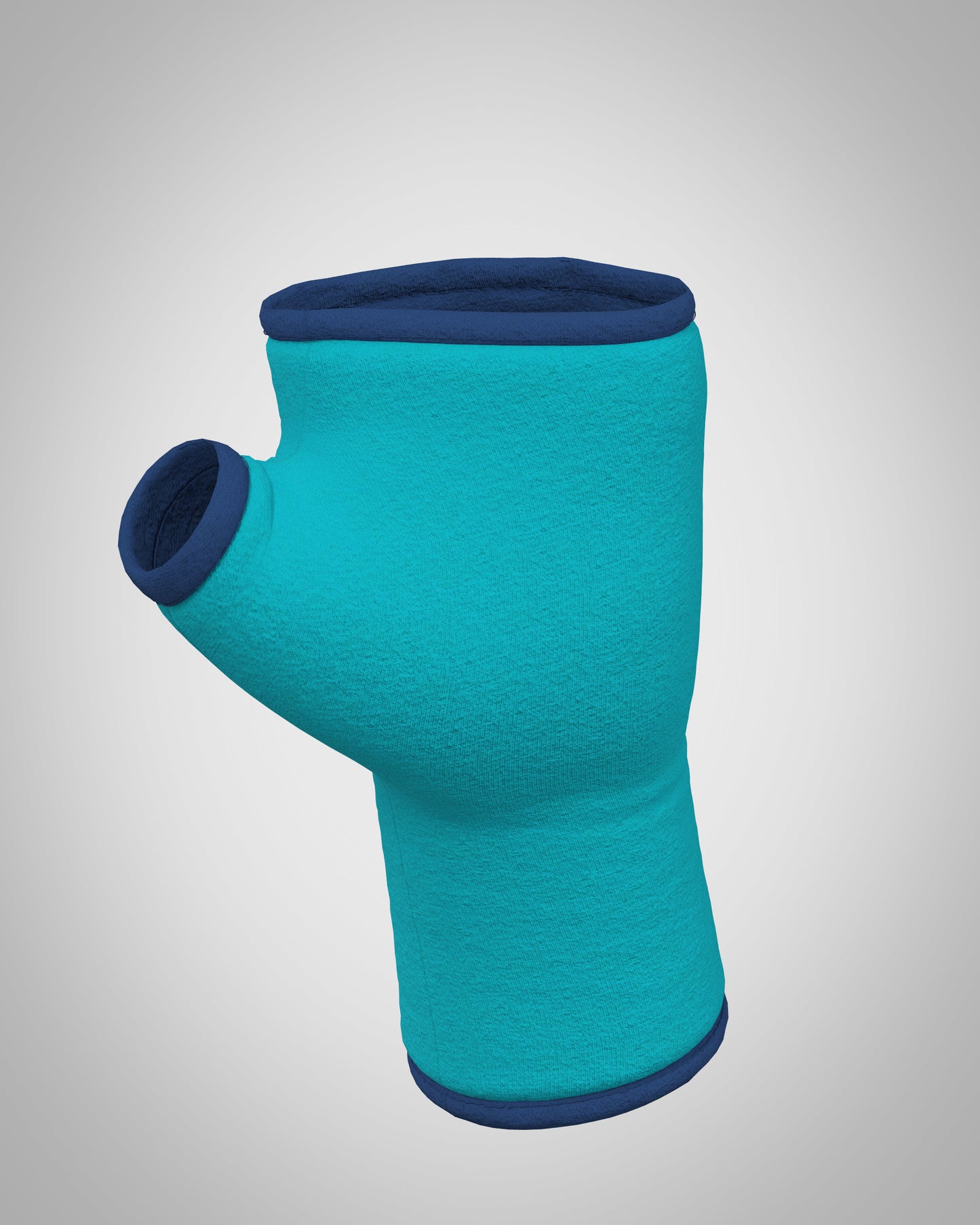 ein Einzel Handschuh ins Bild gestellt. Aus Baumwolle Jersey mit Paspel, gefüttert. Oberstoff türkis, Futter royal blau. Hintergrund Studio. Man kann ein Stück in den Handschuh hinein schauen, damit man das Futter und die Musterung und Machart besser sieht.