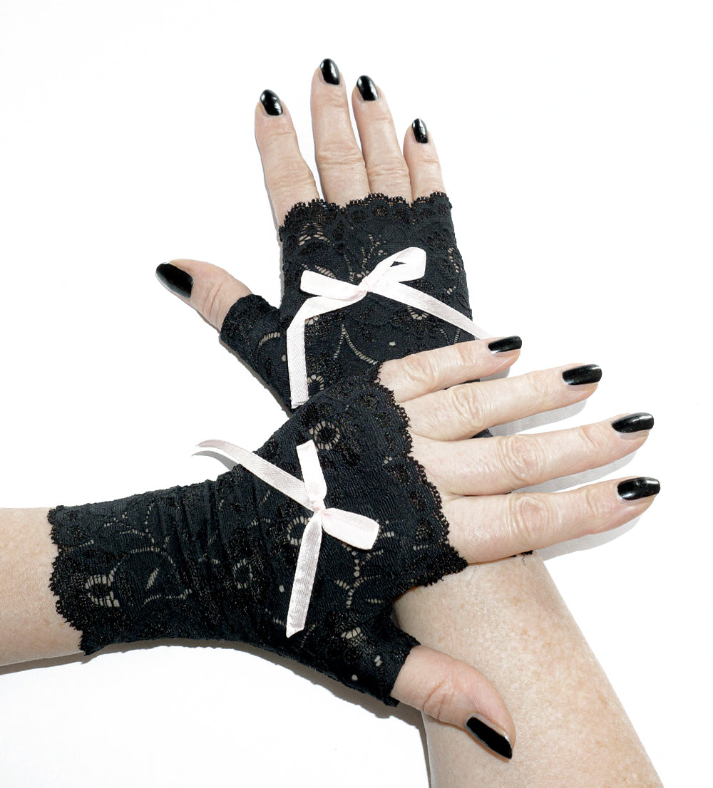 burlesque handschuhe Fingerless lace gloves, black with bow