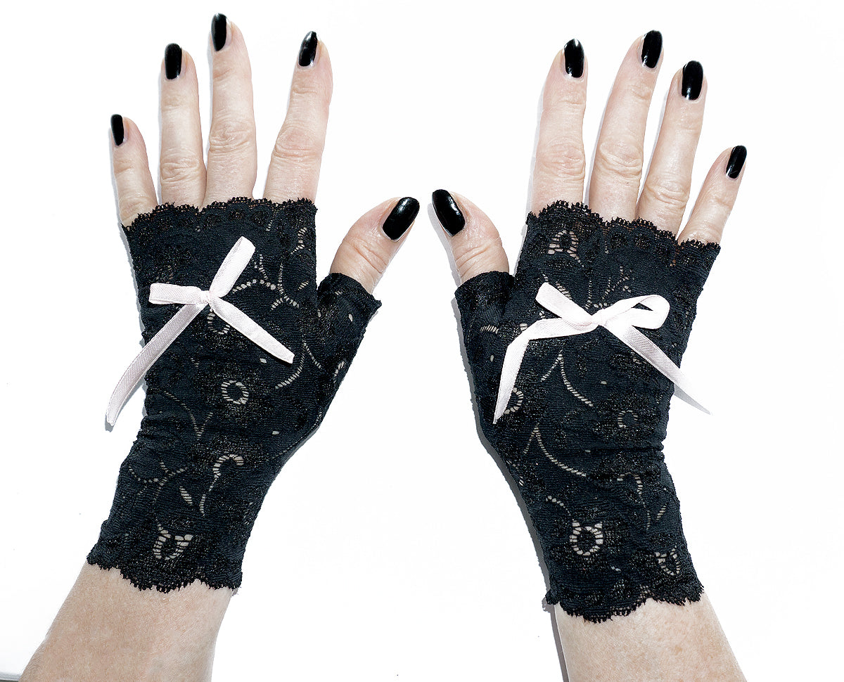 handschuhe schleife Fingerless lace gloves, black with bow