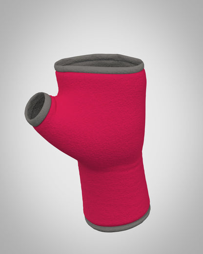 ein Handschuh ohne Finger fotografiert nur der Handschuh stehend als Modell, Farbe pink mit grauem Futter und Paspel