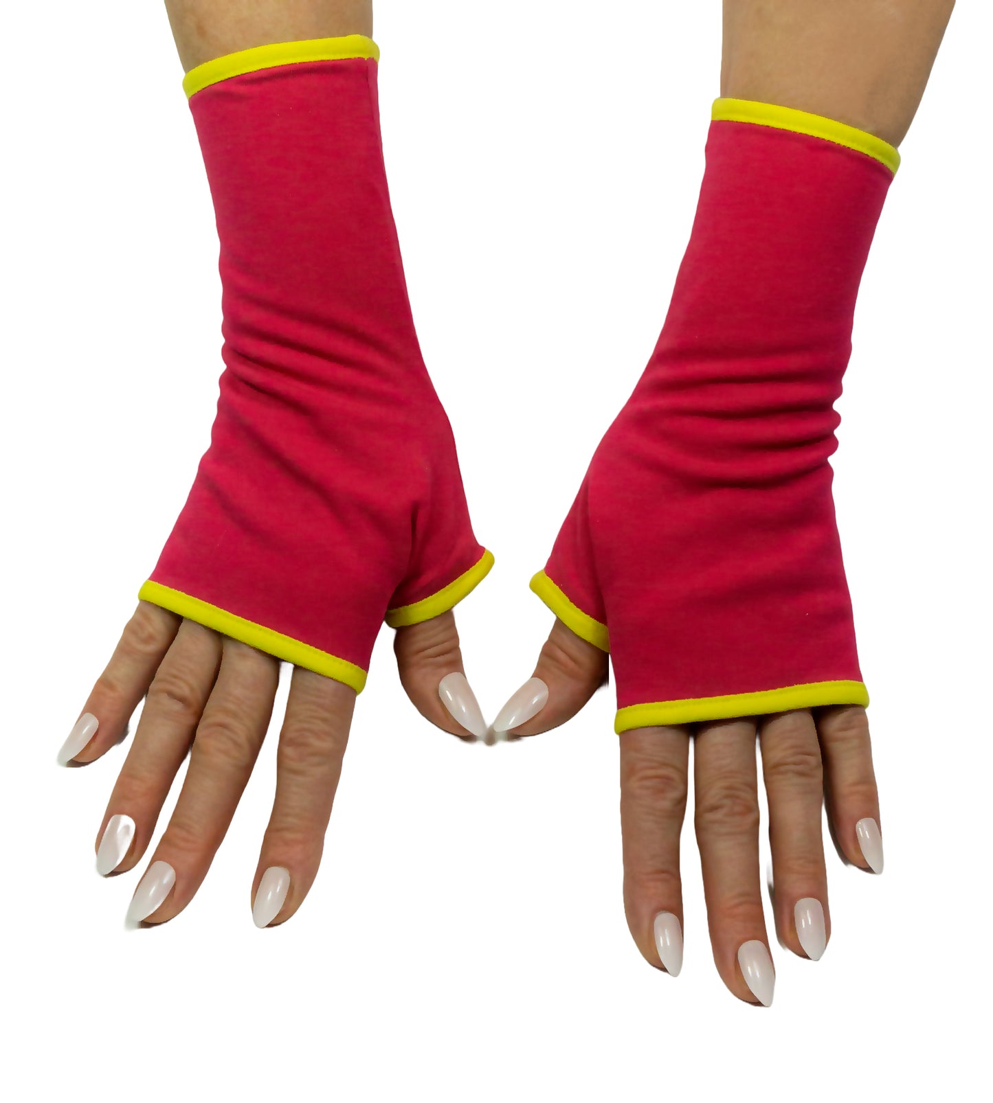 fingerlose Handschuhe uni ohne Muster, gefüttert, mit fake-Paspel. Super bequem, praktisch und chic, für jeden Anlass. slow fashion, in Handarbeit hergestellt in Deutschland. Farbe Oberstoff pink, Futter/Paspel sonnengelb