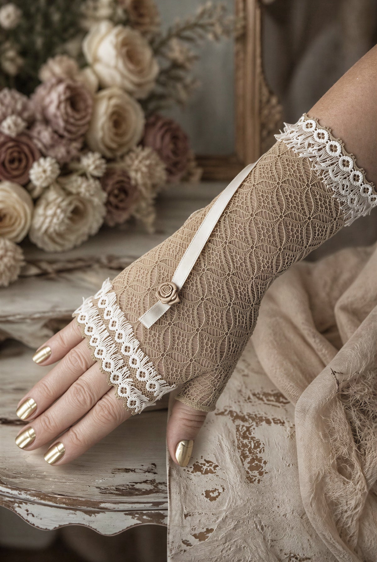 Hippie Boho Damen Handschuh ohne Finger in beige woll weiss, 5 Frauen Größen verfügbar. Abgebildet in M