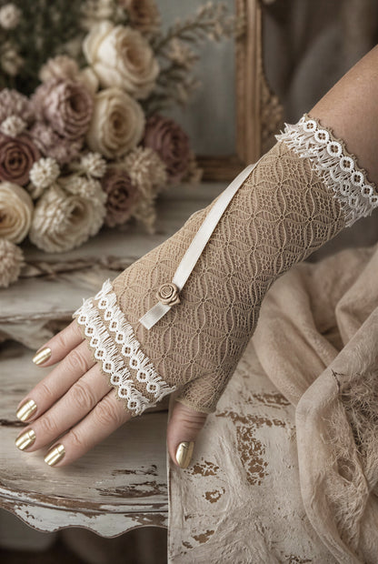 Hippie Boho Damen Handschuh ohne Finger in beige woll weiss, 5 Frauen Größen verfügbar. Abgebildet in M