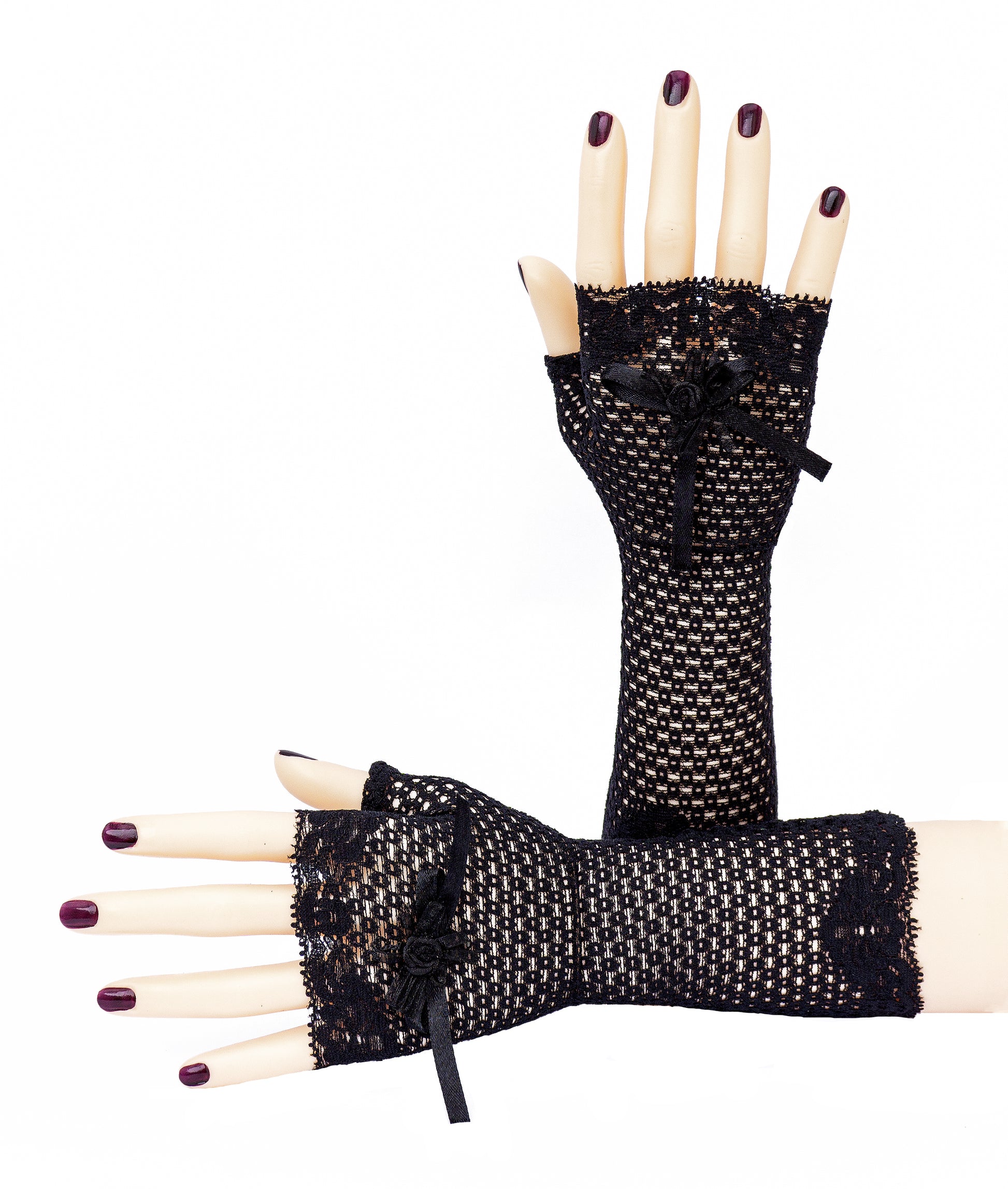 Fingerless long Gothic lace gloves, Black