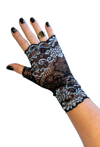 preppy schwarze Spitzenhandschuhe mit hellblauer Bestickung, leicht elastisch, mit Daumen zum Durchschluepfen, art deco, jugendstil