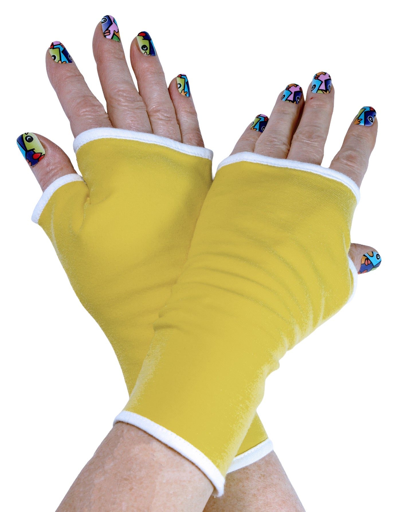 Soft jersey wrist warmers, SUPER COMFORTABLE #MUSTHAVE, brightly patterned, lined, lining color selectable, with bow
