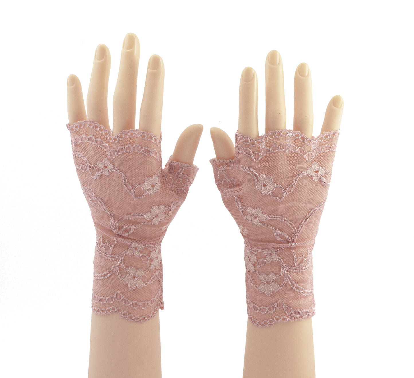 ein Paar Spitzen Handschuhe an Puppen händen fotografiert, in zartem rosa mit weißen Blümchen, 16,5 cm lang, Größen von XS bis XL, handgefertigt in Deutschland