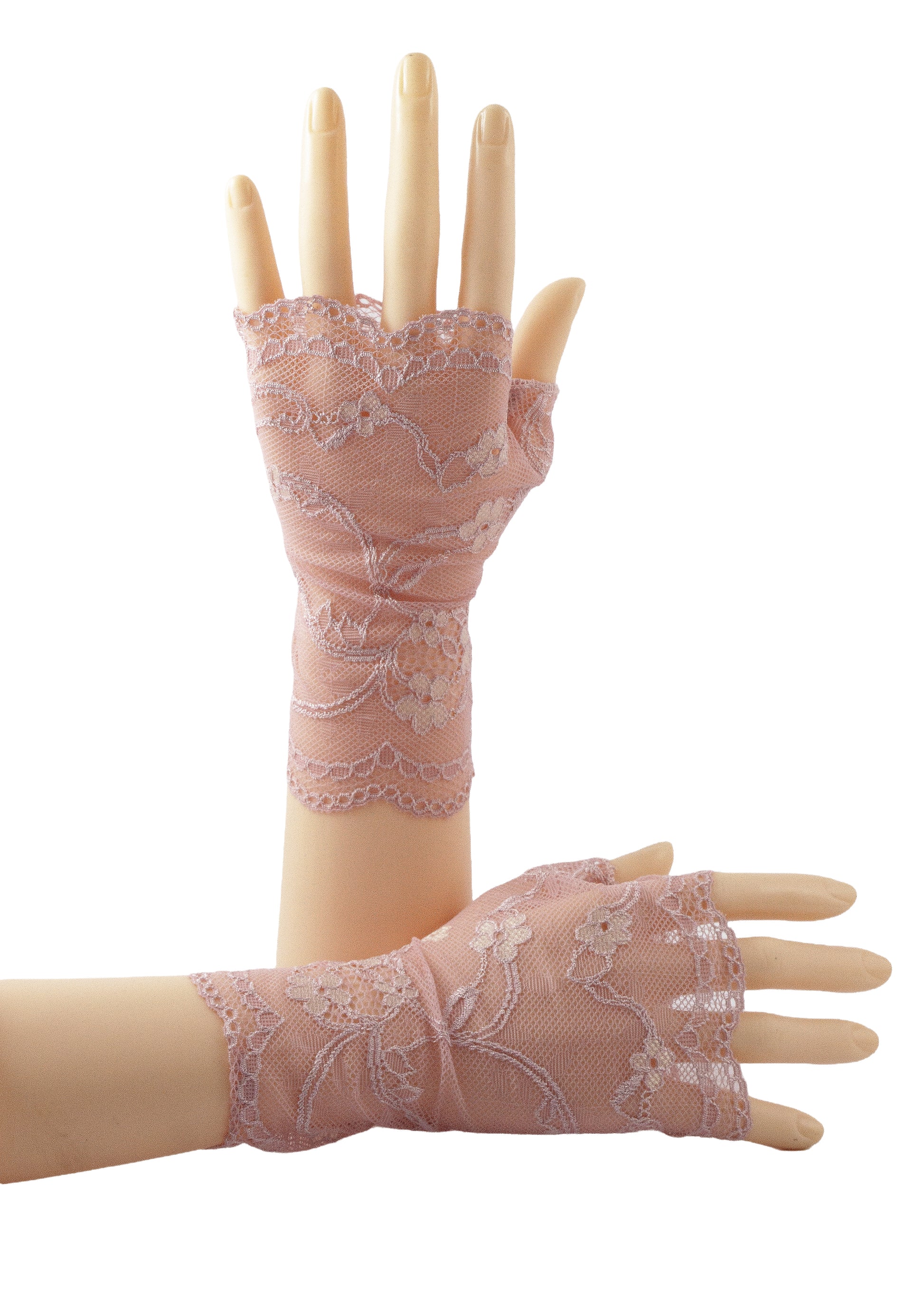 ein Paar fingerlose Handschuhe aus Dessous Spitze an Model händen dargestellt, eine Hand stehend, die andere liegend