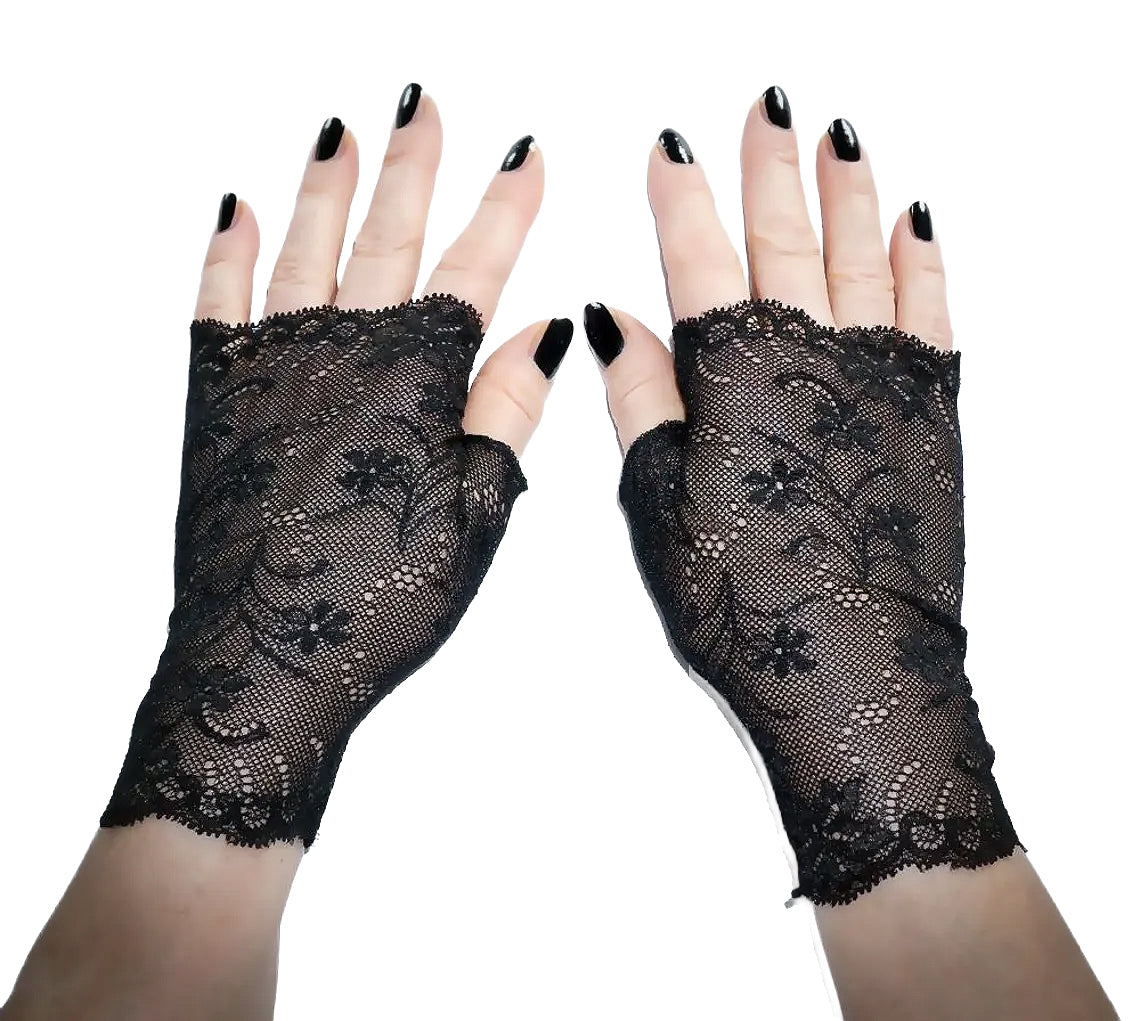 Gothic Paar Handschuhe schwarz aus zarter Netz Spitze fingerlos für Burlesque & Abendmode, Accessoire, Unikat