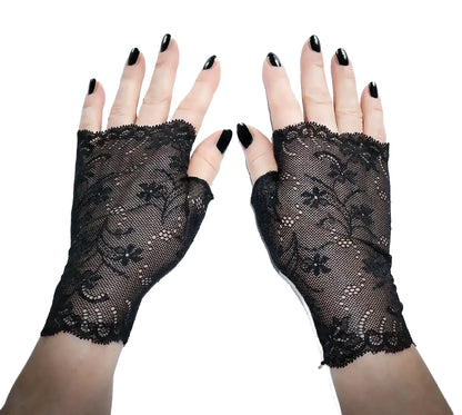 Gothic Paar Handschuhe schwarz aus zarter Netz Spitze fingerlos für Burlesque & Abendmode, Accessoire, Unikat