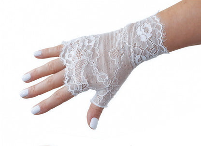 Wrist warmers gloves fingerless white silver with bow made of lace for the wedding